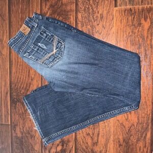 Y2K Low Rise Flare Jeans Women 29 Sabrina Stretch BKE Denim Blue Distressed Wash